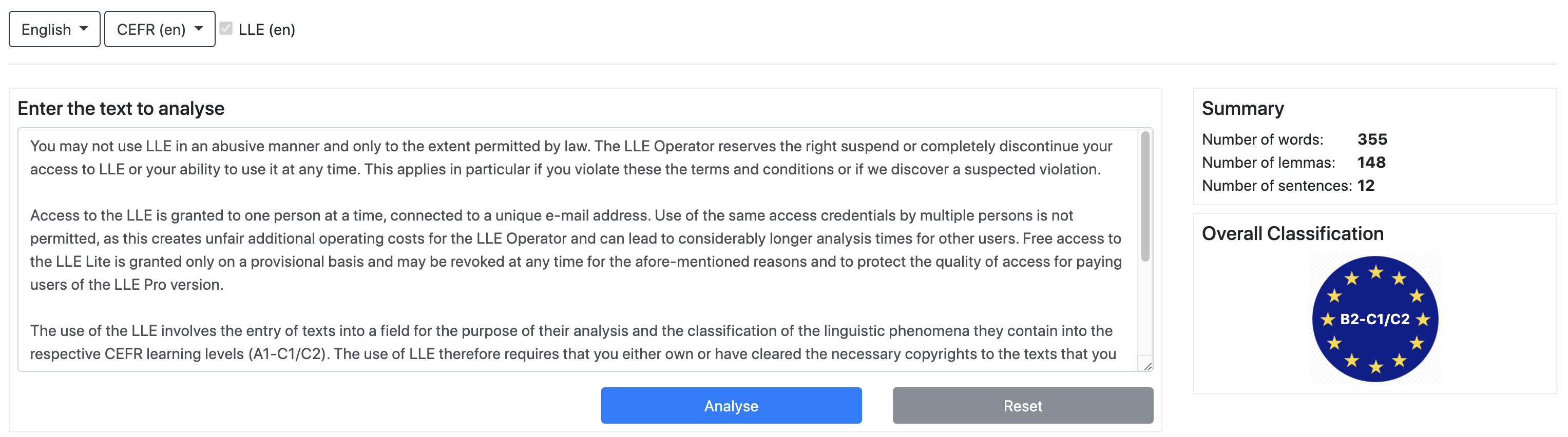 Text classification to CEFR level with LLE English