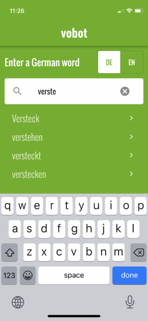 Vokabeltrainer-App vobot German search screen