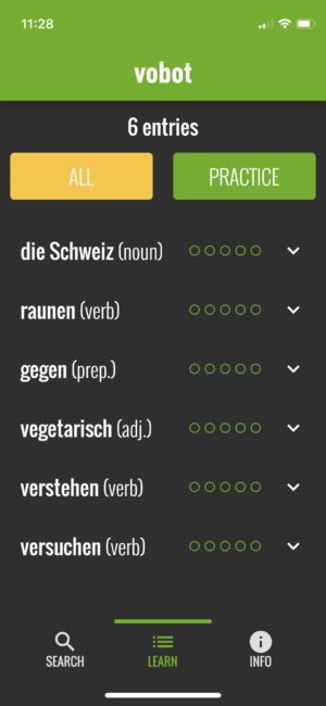 Vokabeltrainer-App vobot German review learning list screen