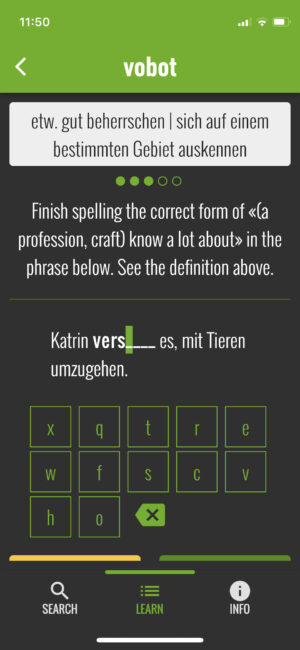 Vokabeltrainer-App vobot German spelling exercise screen